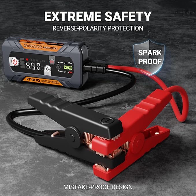 LOKITHOR JT400 12V Jump Starter and Battery Tester 2-in-1, 2500A Battery Jumper Starter Portable for Up to 8.5L Gas & 6.5L Diesel Engines, 100-2000 CCA Load Capacity Automotive Load Tester (Orange)