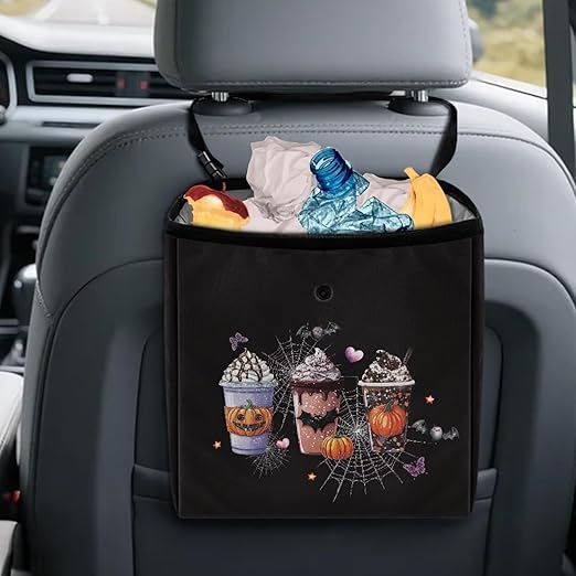 Halloween Themed Car Trash Can Hanging Trash Bin Leak-Proof Collapsible Car Garbage Bag, Car Accessories 2 Gal Large Capacity Multipurpose Storage Container