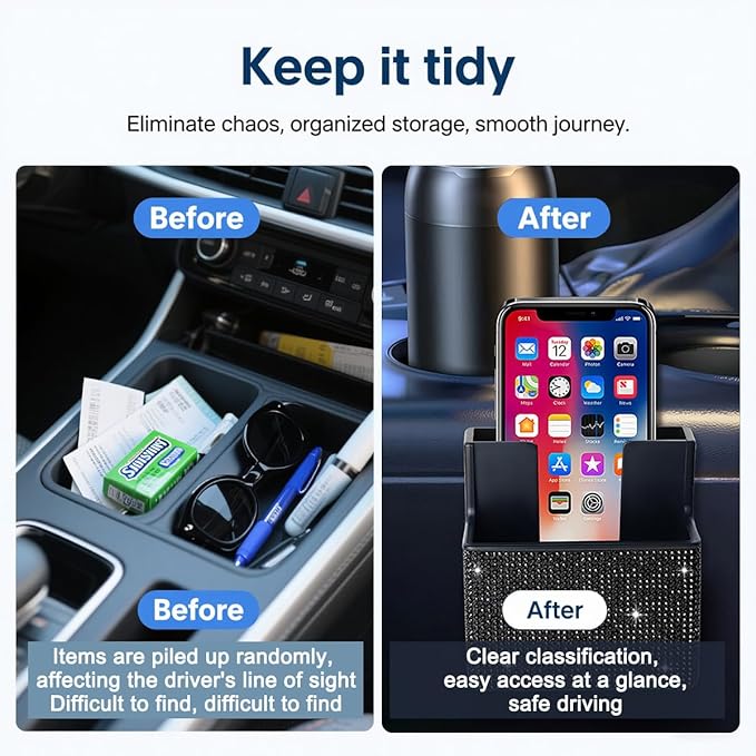 Bling Car Seat Side Organizer, Crystal Rhinestone Vehicle Storage Bag Holder for Pen Phone Document, Diamond Sparkling Automotive Organization Box Accessories, Universal Fit (Black)