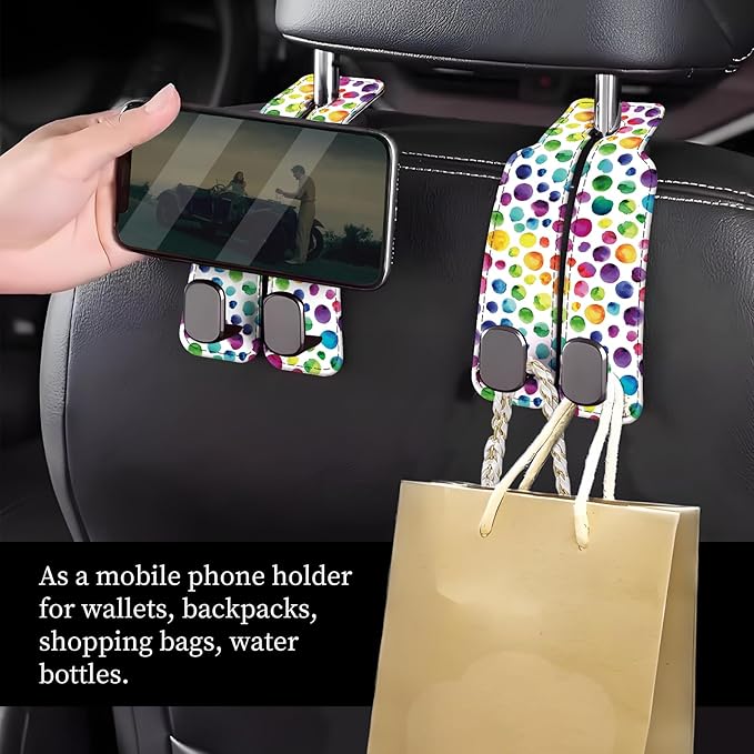 Car Seat Headrest Hook, Universal Leather Cute Hanger Holder Hook, Storage Organizer Interior Accessories for Purse Bags Handbag Colorful Polka Dots