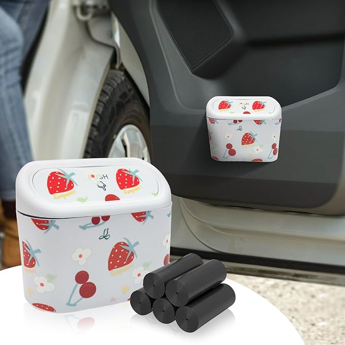 Mini Car Trash Bin with Lid – Automotive Garbage Can with 45 Trash Bags, Waterproof & Leakproof Vehicle Interior Waste Box for Car, Office, Home (Leopard-Print)