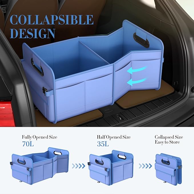 Trunk Organizer For Suv & Sedan,Car Organizers and Storage, Waterproof Collapsible & Adjustable Straps,70L Sturdy Car Organization for Car Accessories, Tools,Sundries,2-3Compartment（Blue