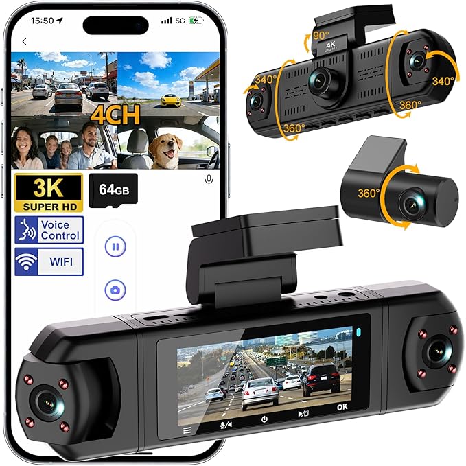 4 Channel Dash Cam, 360° View 3K Front +1080P x3 Left & Right, Dash Camera for Cars,8 IR Lamps Night Vision,Voice Control,WiFi & APP Control,G-Sensor,Parking Mode, with a Free 64GB SD Card
