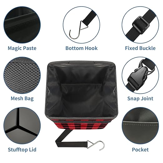 Red and Black Buffalo PlaidCar Trash Can with Lid Collapsible Reusable Waterproof Car Garage Bag,Automotive Garbage Can,Car Accessories Interior Car Organizer