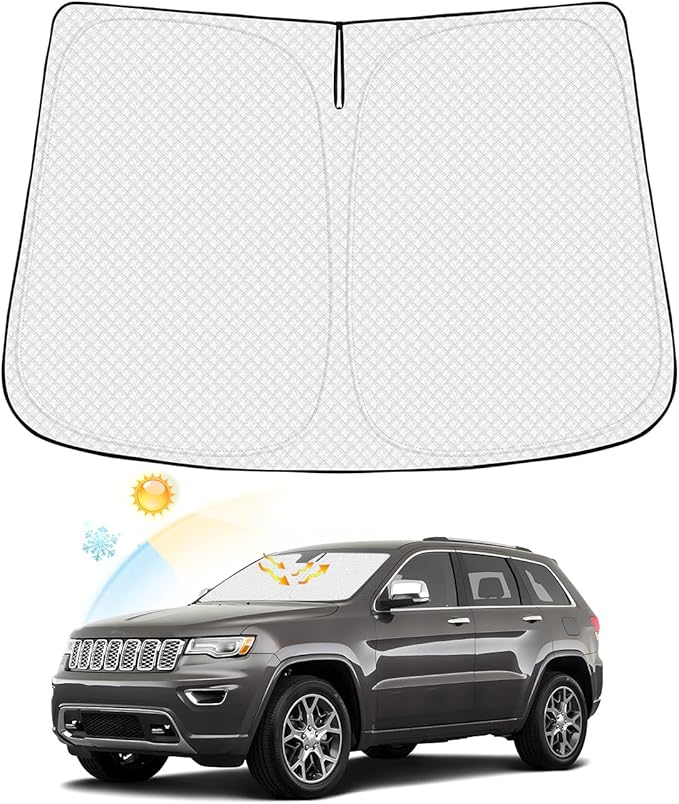 Canvcle Windshield Sun Shade for Jeep Grand Cherokee 2011-2021 (Not for Jeep Cherokee & Grand Cherokee L) Thicken 6-Layer Foldable Front Window Sunshade Cover Sun Visor UV Rays Keep Vehicle Cool