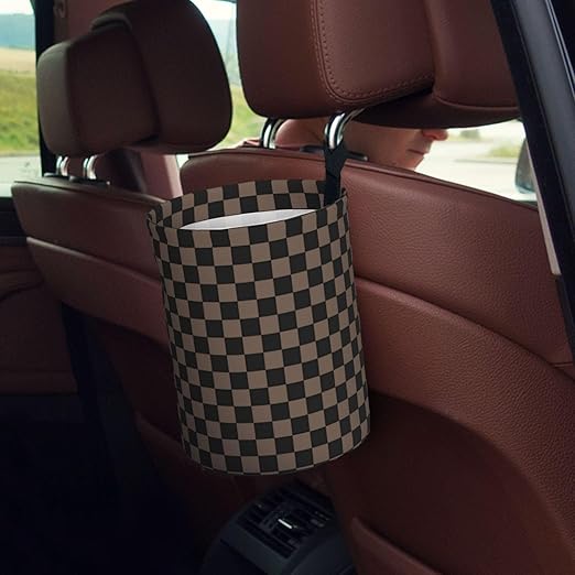 Car Trash Bag Chessboard Brown Hanging Back of Seat Car Portable Trash Bag Chessboard Brown Waterproof One-Handed Portable Strap Drawstring Garbage Bags 2 Pieces Car Coasters