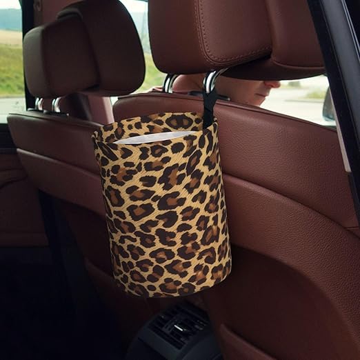 Cheetah Leopard Print Car Trash Bag Hanging Back of Seat Portable Car Trash Bag Cheetah Leopard Waterproof One-Handed Portable Strap Drawstring Garbage Bags with 2 Pieces Car Coasters