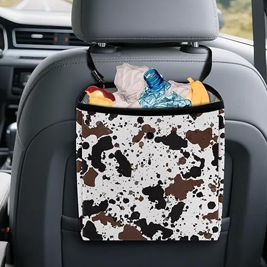 Cow Cowhide Print Car Trash Can for Back Seat Car Accessories for Women Men Leakproof Auto Garbage Cans Hanging Trash Bin for Car Water-Resistant