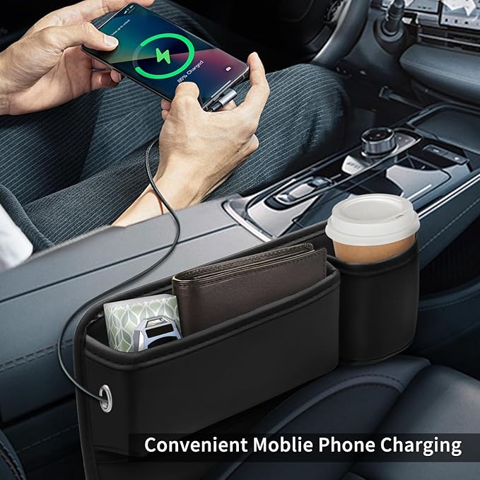 Car Leather Cup Holder Gap Bag 2-Piece Car Seat Gap Filler with Cup Holders for Cups Glasses Keycard (Main and Passenger) (Classic Black)