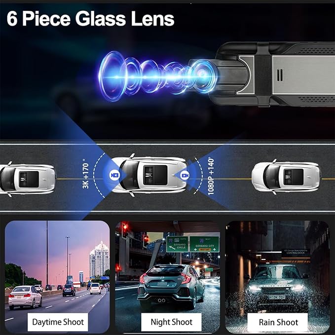 3 Channel Mirror Dash Cam with 4K+Inside 1080P+ 1080P 10 Inch Triple Rearview Mirror Camera, Night Vision, G-Sensor, Reverse Assist, Metal Backplate, Easy User Interface, High Temperature Resistant