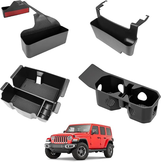 Center Console Organizer Fit for 2018-2025 Jeep Wrangler JL JLU 4XE/Gladiator JT Center Console Cup Holder Armrest Storage Hanging Gear Shift Tray for Wrangler&Gladiator(3-Piece+Cupholder)
