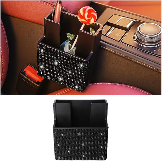 Bling Car Seat Side Organizer, Crystal Rhinestone Vehicle Storage Bag Holder for Pen Phone Document, Diamond Sparkling Automotive Organization Box Accessories, Universal Fit (Black)