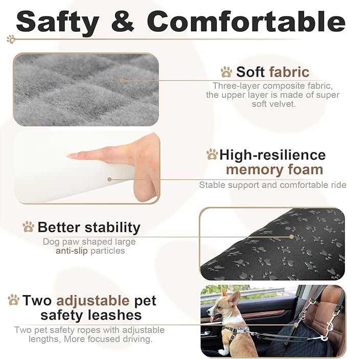 Car Dog Seat with 2 Safety Leashes,Dog Booster Seat for Small Medium Dogs 0-28lbs,Pet Car Travel Safety Bed with Storage Pockets,Non-Slip Bottom,Fully Detachable and Easy to Install(S1-Grey)