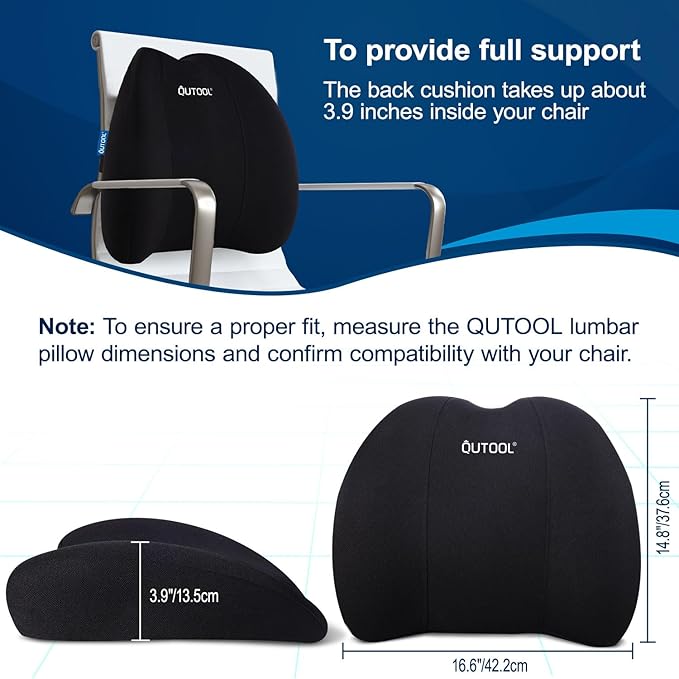 QUTOOL Lumbar Support Pillow for Office Chair, Memory Foam Low Back Support,Back Pain Relief, Ergonomic Back Cushion for Desk Chair,Gaming Chair,Adjustable Strap and Washable Cover