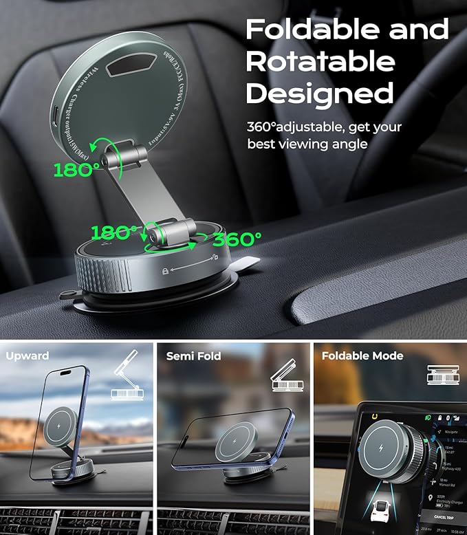 Meifigno for MagSafe Car Mount Charger, 15W Wireless Charger Stand with Vacuum Suction Cup, Magnetic Phone Holder for Car, for iPhone 17 Pro Max 16-12 & Android, 360°Adjustable & Foldable Phone Stand