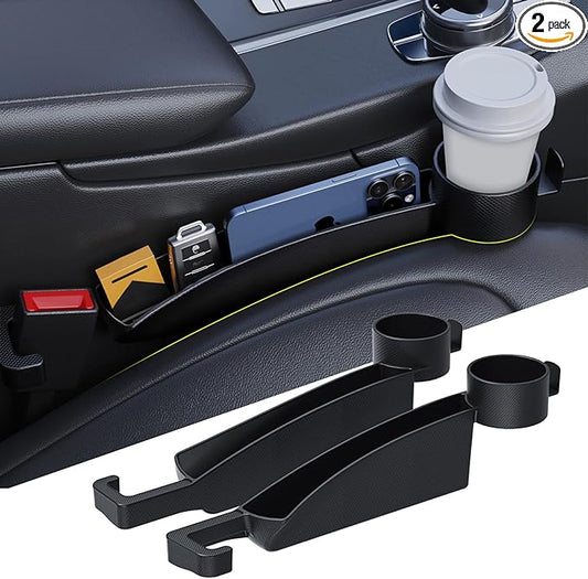 Car Seat Gap Filler Set of 2, Upgraded Car Side Seat Gap Fillers with Organizer, Cup Holder & Hook Function, Inserts Between Front Seats Console Catcher 4in1 Gap Stopper Fill Plug Storage Box (Black)