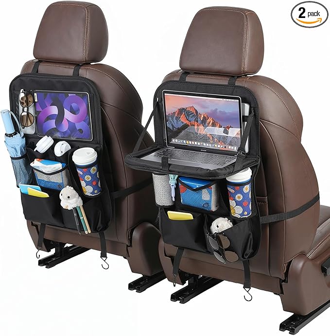 2 Pack Backseat Car Organizer with Touch Screen Tablet Holder, Travel Accessories with 9 Storage Pockets, Seat Back Protectors, Kick Mats for Kids & Adults, Fits Most Vehicles (Black)