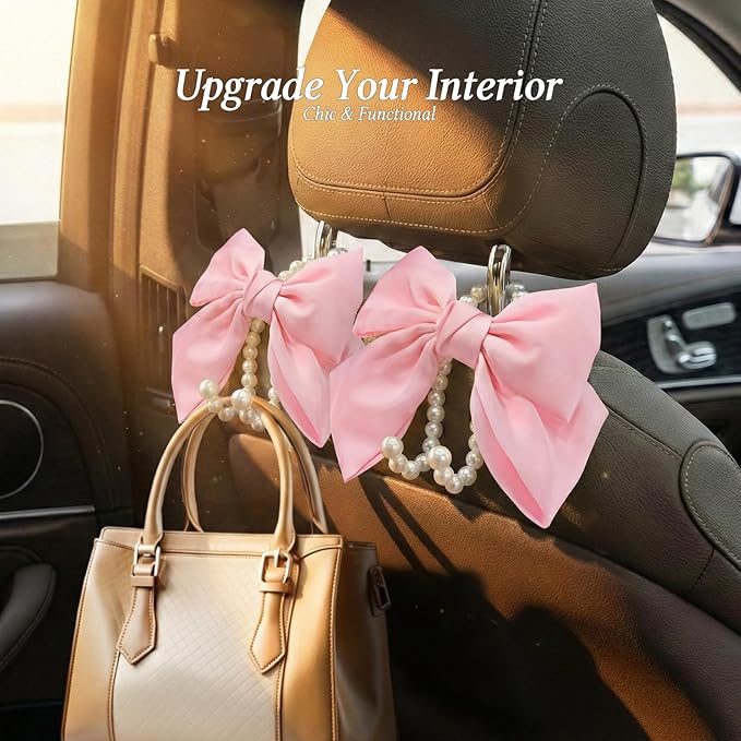 2PCS Satin Bow Pearl Car Seat Headrest Hooks – Car Bag Holder & Vehicle Hanger for Purses – Cute Coquette Aesthetic Interior Decoration – Cute Auto Organizer Accessories Universal for SUV, Truck(Pink)