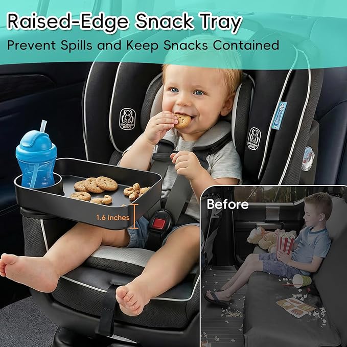 Kids Car Seat Tray, Travel Tray with Cup Holder for Toddler Baby, Kids Car Seat Food Snack Organizer for Road Trip, Stroller Snack Organizer Travel Must Haves Toddler Must Haves (Black, 2 Packs)