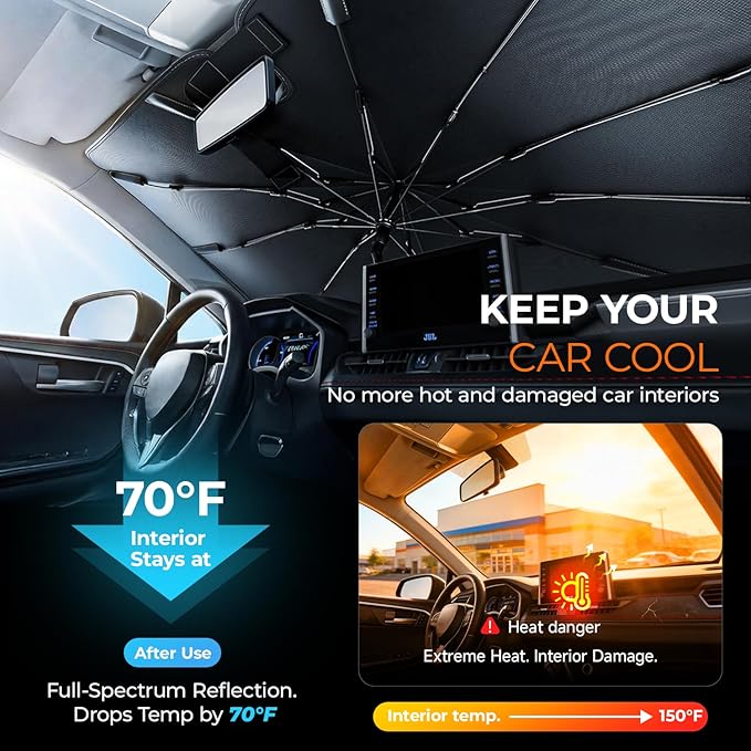 DooGooCoo Windshield Sun Shade Umbrella for Toyota Rav4 Accessories 2013-2024 2025, UV Block Rav4 Sun Shade for Car Windshield, Heat Shield Car Sunshade for Rav4 & Rav 4 Front Window Windshield.