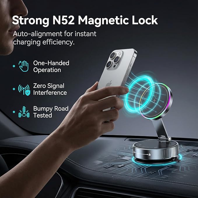 Vacuum Magnetic Phone Charging Holder Mount 15W Fast Wireless Charger for Car Magsafe 360° Adjustable Phone Holder with Nano Gel Suction Cup for iPhone 12-17 Pro Max (K3)