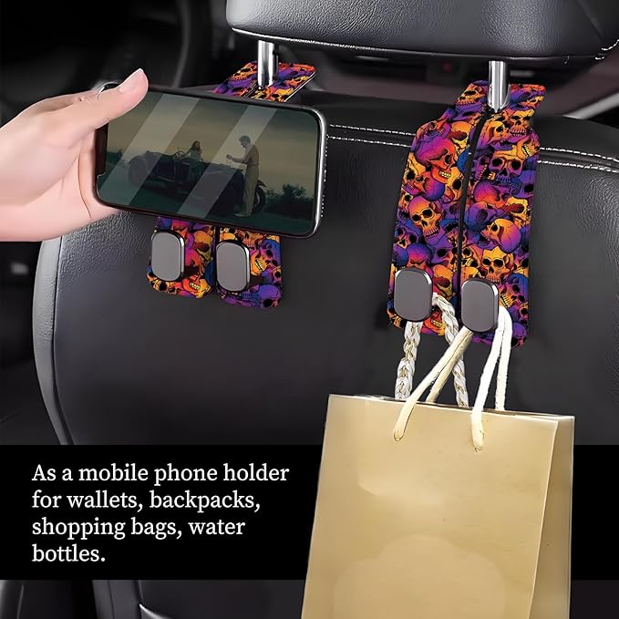 Car Seat Headrest Hook, Universal Leather Cute Hanger Holder Hook, Storage Organizer Interior Accessories for Purse Bags Handbag Luxury Purple Skulls