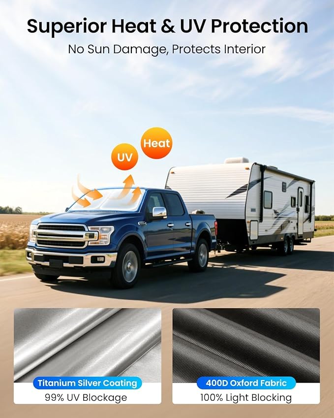 REEVAA Upgraded for Ford F-150/F-250/F-350/F-450 Windshield Sunshade [Tailored Fit, 99% Sun Protection] Foldable Sun Shade Car Accessories with Storage Bag