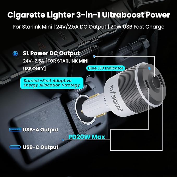 Starlink Mini Car Adapter, 3-in-1 Car Charger for Starlink Mini, 12V to 24V DC Step Up Converter with Dual USB Ports, Cigarette Lighter Adapter for Starlink Mini Power Supply,Ideal for RV,Boat,Trailer