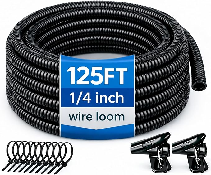 Automotive Wire Loom Flame Retardant Split Wire Loom Tubing Assortment Wiring Loom Kit Plastic Cover Electrical Covering Conduit Protective Wire Wrap Cable Sleeves Black 1/4" x 125 Ft