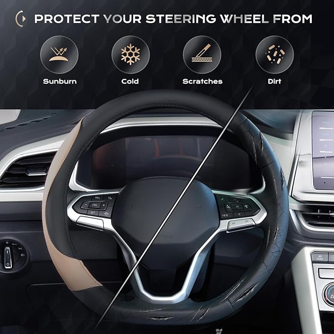 Coverado Car Steering Wheel Cover, Nappa Leather Black & Brown Steering Wheel Covers, Universal 14-15 inch, Anti-Slip, Breathable Steering Wheel Protector for Women Men