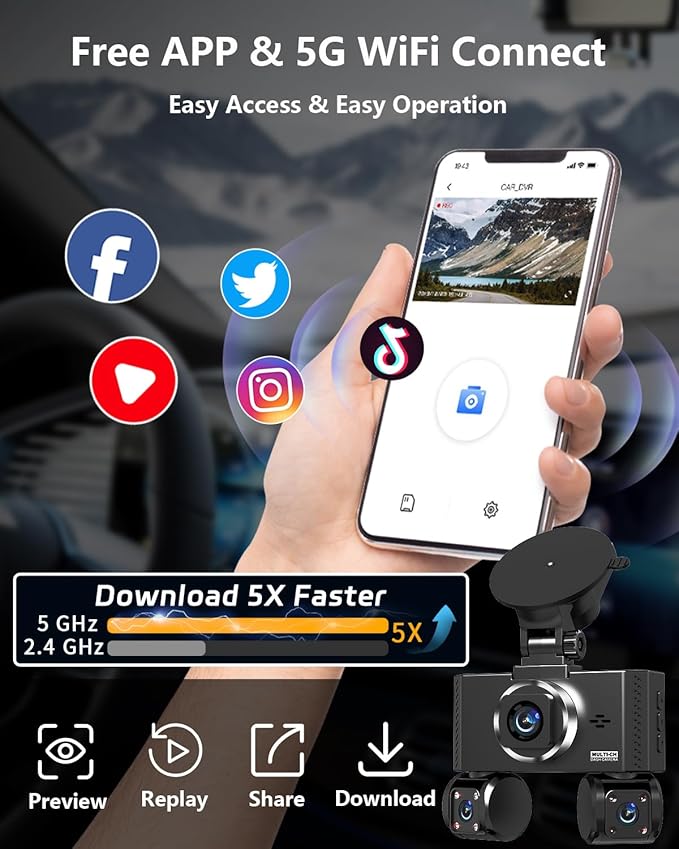 4 Channel Dash Cam Front and Rear Inside Left Right Car Dash Camera 360 View, 2.5K QHD Car Camera Supper Night Vision, 5G WiFi 3.16” IPS Touch Screen, G-Sensor,24H Parking Mode Free128G Card 256G Max