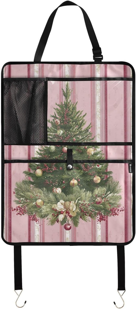 1 Pack Back Seat Car Organizer with Storage Pockets Kick Mats Back Seat Protector Hanging Car Organizer Automotive Seat Back Cover Organizers Cute Pink Striped Christmas Tree