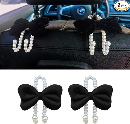 2 PCS Elegant Pearl Car Seat Headrest Hook, Cute Car Seat Hook Hanger Storage Organizer for Handbag Purse, Interior Decoration Headrest Hanger for Women (2PCS Black Bow)