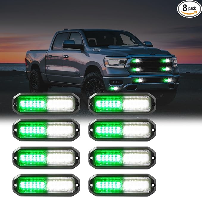 WINECO Green/White 8pcs Ultra Slim LED Emergency Strobe Police Lights, Surface Mount Grill Grille Hazard Safty Warning Flashing Light for Volunteer Trucks Vehicles