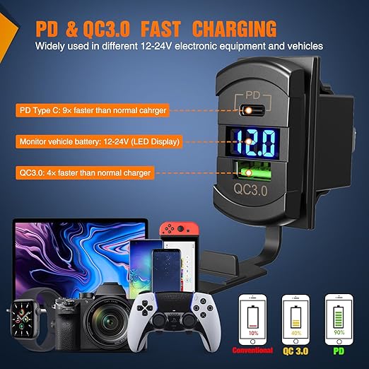 Nilight 8 Gang Rocker Switch Panel with PD Type C and USB Charger Voltmeter 12V SPST ON Off Toggle Switches w/Blue Backlit Waterproof Aluminum for Boats Cars RVs Trucks