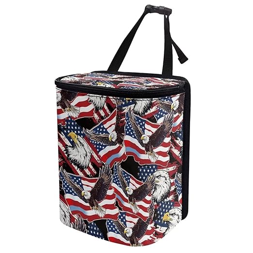 Talayituse American Flag Eagle Print Car Trash Can with Lid, 4th of July Leak Proof Auto Trash Bag Hanging Vehicle Garbage Can Multipurpose Storage Container for Back Seat Road Trip