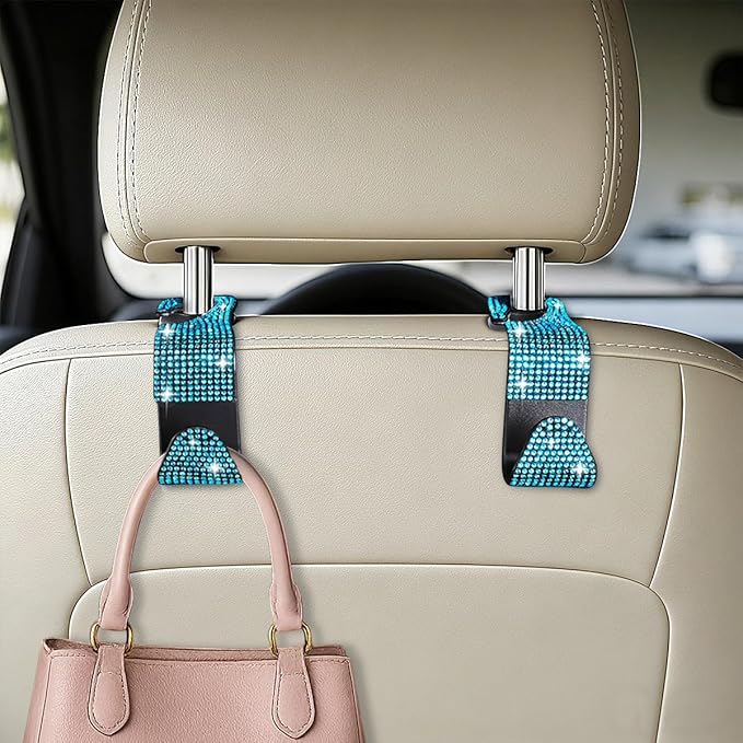 HZEL Bling Car Seat Headrest Hooks, 4PCS Crystal Rhinestone Vehicle Seat Back Hanger Holder for Purses Bag Handbags, Diamond Headrest Storage Organizer, Universal Auto Accessories (Lake Blue)