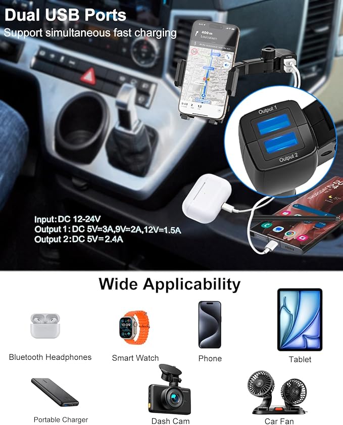 Cigarette Lighter Phone Holder Car Mount Charger [Dual USB Fast Charging] Car Cigarette Lighter Socket Phone Mount with Adjustable Arm, Car Phone Holder Charger for iPhone 16 Pro, Galaxy S24