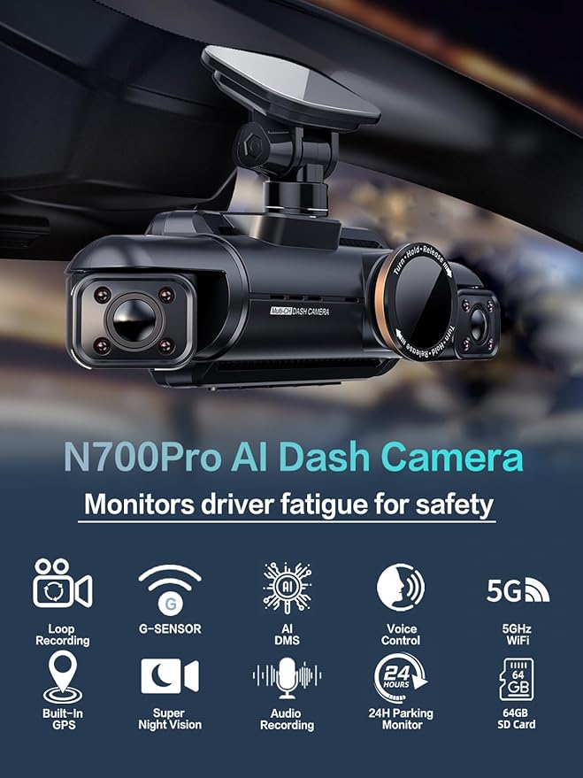 Neideso 4 Channel Dash Cam Front Rear, Free 64G Card Included, AI Fatigue Driving Monitor, 360° View 4K 2160P Dash Camera for Cars, 5G WiFi GPS, 8 IR Lamps Night Vision, 24H Parking Mode, N700Pro