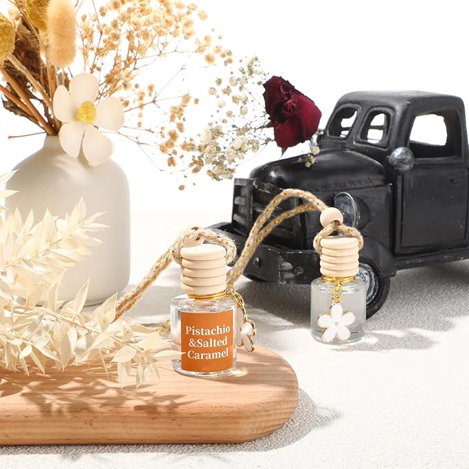 Siifert 2 Sets Hanging Car Air Freshener and Essential Oil Diffuser, Car Air Freshener Daisy Essential Oil Diffuser Long Lasting Automobile Aromatherapy (White,Pistachio & Salted Caramel)