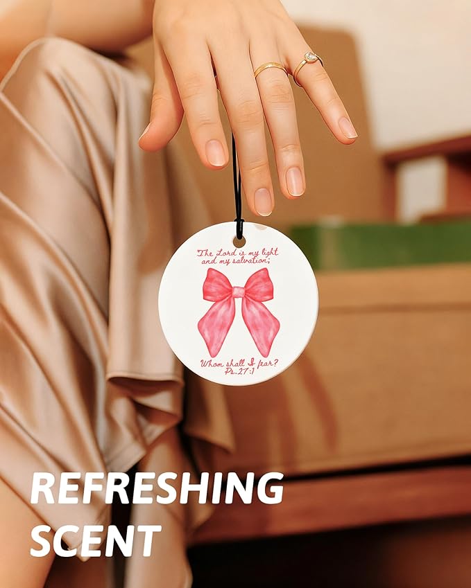 Pink Christian Round Car Air Freshener 4 Pcs, Girly Pink Bow Floral Religious Hanging Air Freshener for Cars Closet Drawer Books, Cute Preppy Christian Car Accessories Mirror Decor for Women