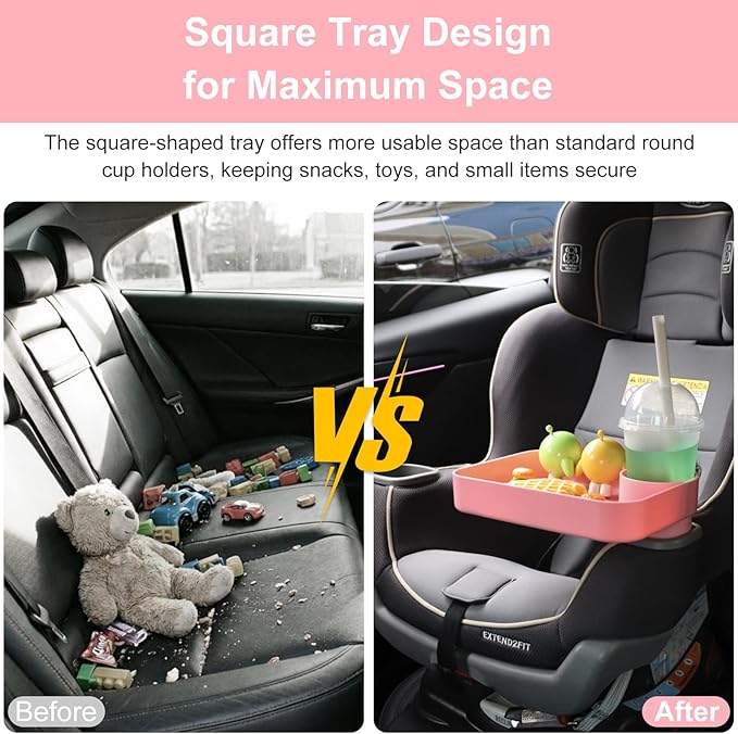 Kids Car Travel Tray Square for Kids Car Seat Snacks Trays, Car Seat Tray with Cup Holders for Toddler, Stroller, Tesla Travel Must Have (Pink)