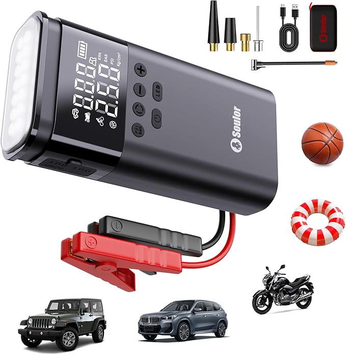 Jump Starter with Air Compressor, 6000A Battery Jumper Starter Portable, 12V Jump Box Car Jump Starter Portable with 150PSI Tire Inflator, LED Light, Gloves and Jumper Cables (14L Diesel All Cars)