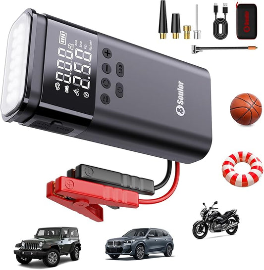 Jump Starter with Air Compressor, 6000A Battery Jumper Starter Portable, 12V Jump Box Car Jump Starter Portable with 150PSI Tire Inflator, LED Light, Gloves and Jumper Cables (14L Diesel All Cars)