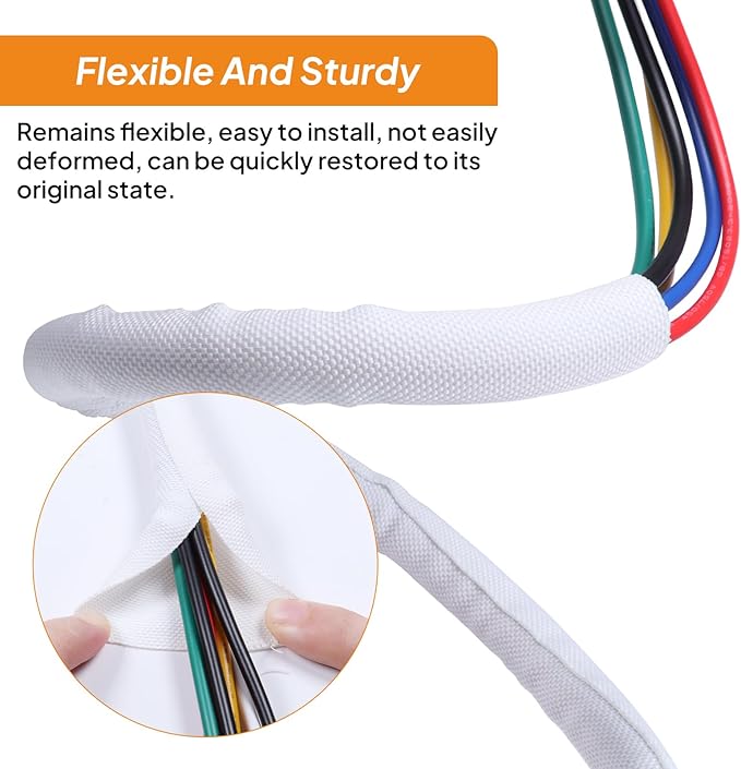 Self-Closing Split Braided Cable Organizer,Curly Cord Protector for Car High Temp Harness Sleeve/Computer Desk Audio Wire Covers (White 1/2"-22ft)