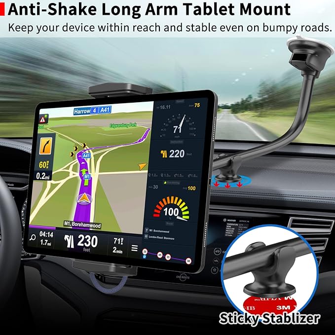 APPS2Car Upgraded Tablet Car Mount for iPad Truck Holder Long Arm Extension Strong Suction Cup Windshield Mount for 7-13 Inch Tablet iPad Pro Air Mini