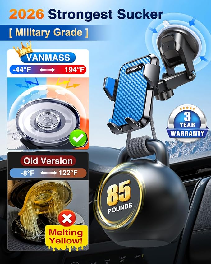 VANMASS【85+LBS Strongest Suction & Military-Grade Ultimate Car Phone Mount【Patent & Safety Certs】 Cell Phone Holder Truck for Dashboard Windshield Vent for iPhone 17 Pro Max 16 15 14, Blue
