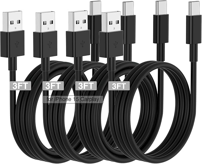 Car Carplay Cable for iPhone 17 16 15 Charger Cord,4 Pack 3FT USB A to USB C Cable for iPhone 17 Pro Max/16 Pro/15 Plus Charger,USB C Car Charger for Apple 17 Air/16 Pro Max/16e/15-Black