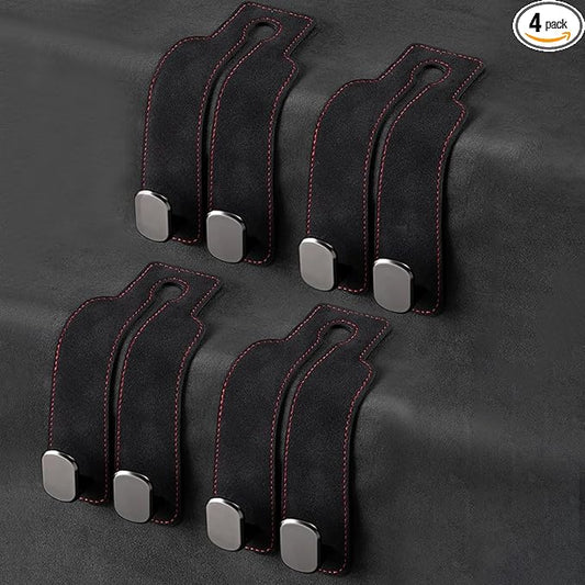 4 Pack Car Seat Back Storage Hooks - Premium Leather Seat Holder for Headrest Purses and Bags (Black)