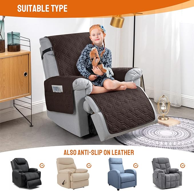VANSOFY 100% Waterproof Recliner Chair Covers, Recliner Cover Non-Slip Dog Chair Cover Furniture Protector Washable Slipcover with Pocket, Elastic Straps for Pets, Dogs(Chocolate, 25")